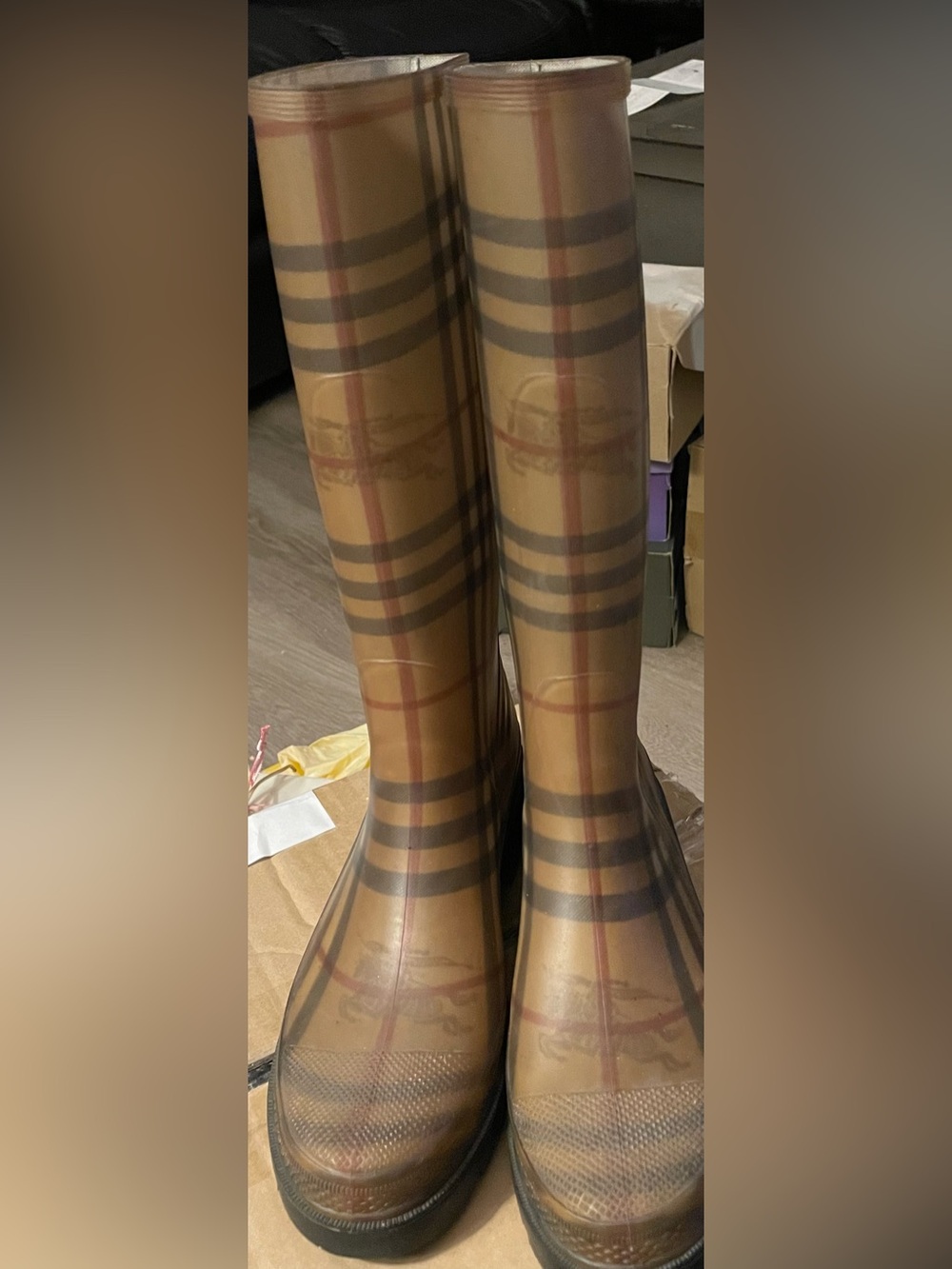 Burberry Tan Plaid Knee-High Rain Boots